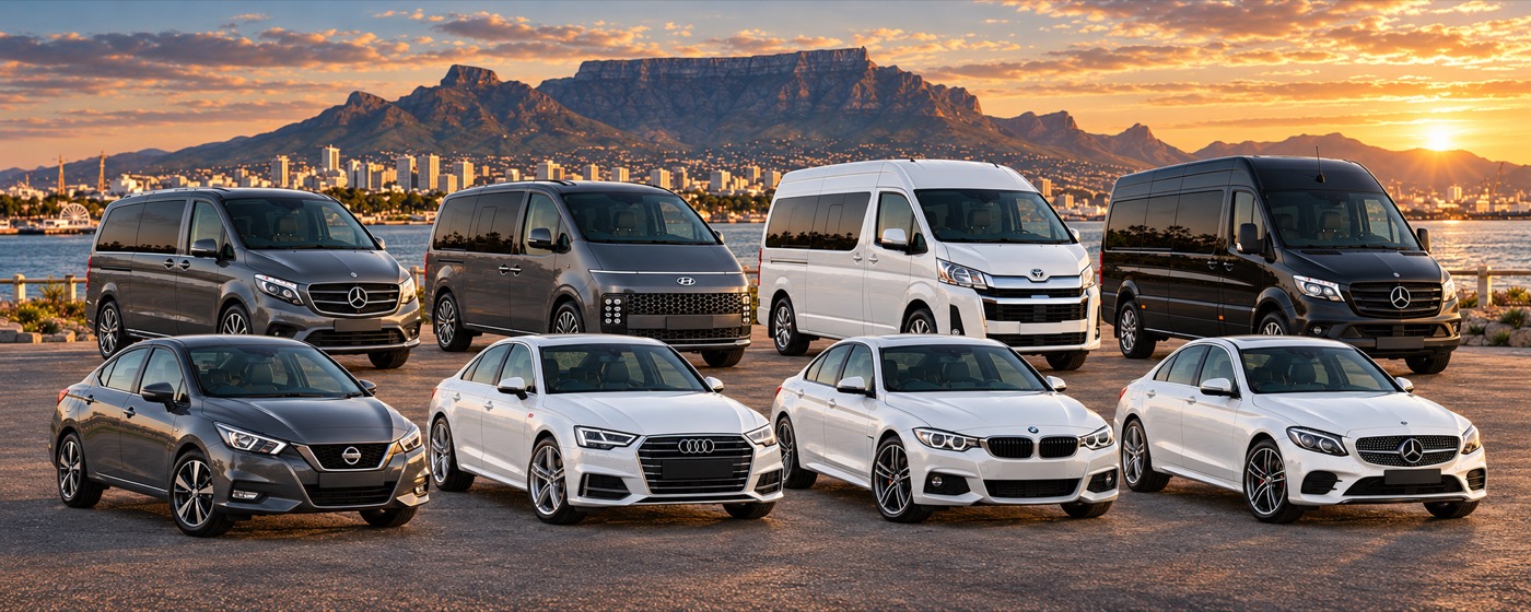 The full Restoration Premium Travels fleet lined up against Table Mountain at sunset